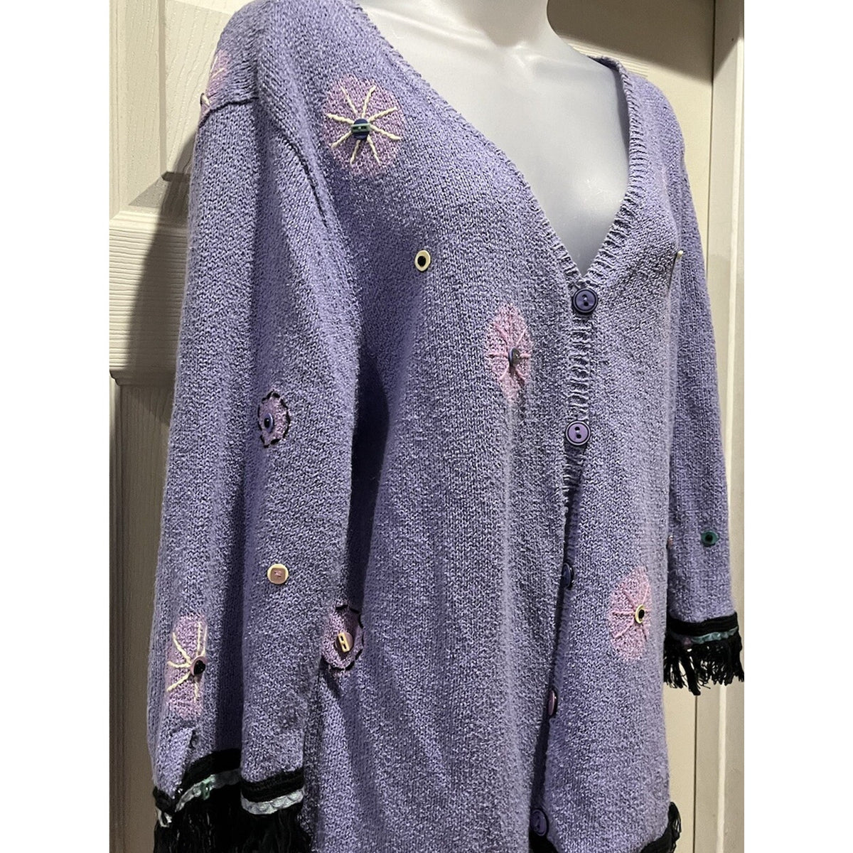Ann Trinity Women's Embroidery Beaded Cardigan Sweater XL Purple Blue Floral