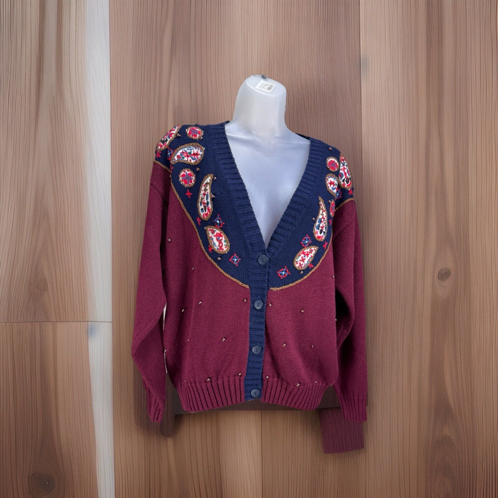 Vintage Huntington Ridge Cardigan Sweater Floral Embroidered Beaded Size Large