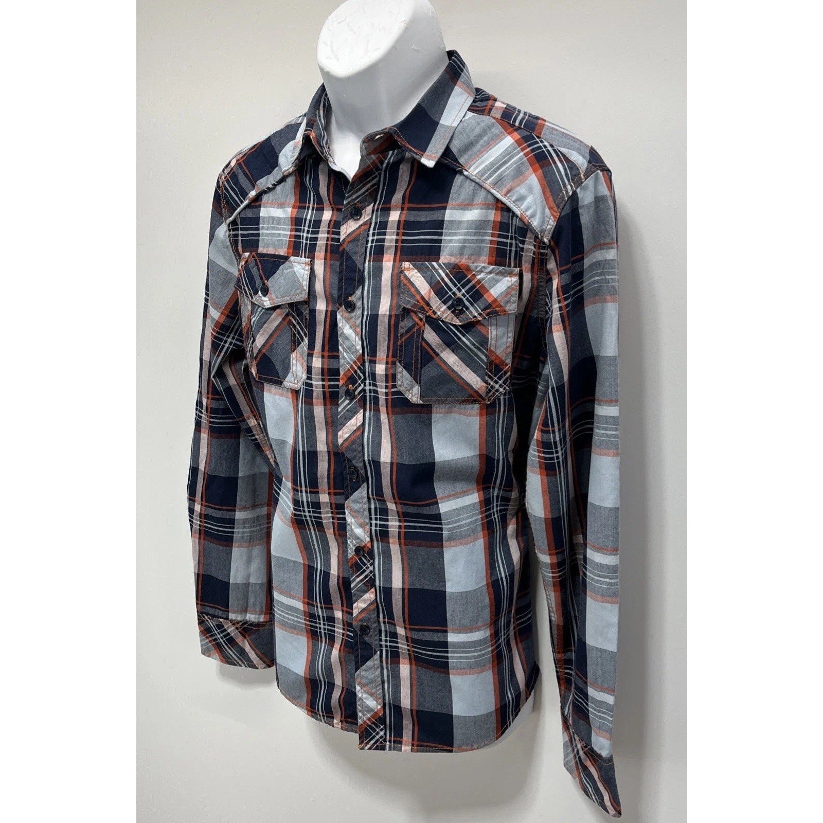 Carbon Mens Shirt Button Down Long Sleeve Plaid Classic Fit Size Medium