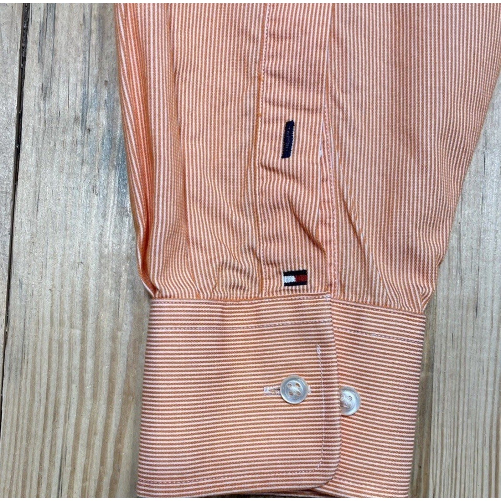 Tommy Hilfiger Mens M Regular Fit Shirt Orange Striped Button Front LS EUC