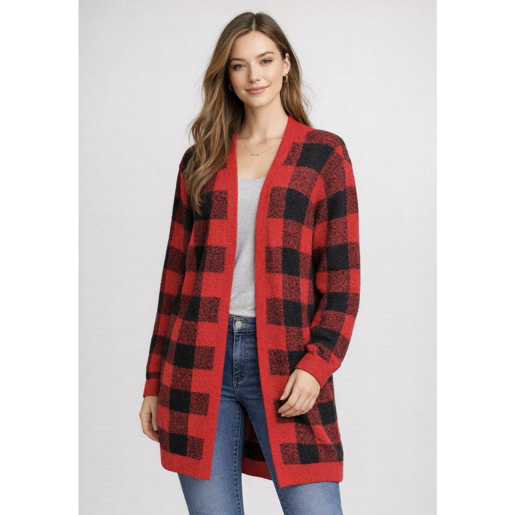 Old Navy Open Long Cardigan Sweater Dolman Sleeve Red Black Plaid Womens XL NWT