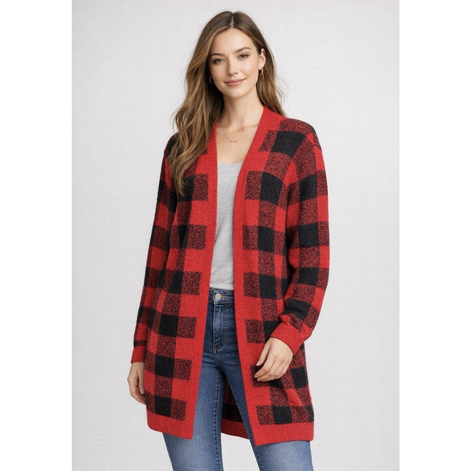 Old Navy Open Long Cardigan Sweater Dolman Sleeve Red Black Plaid Womens XL NWT