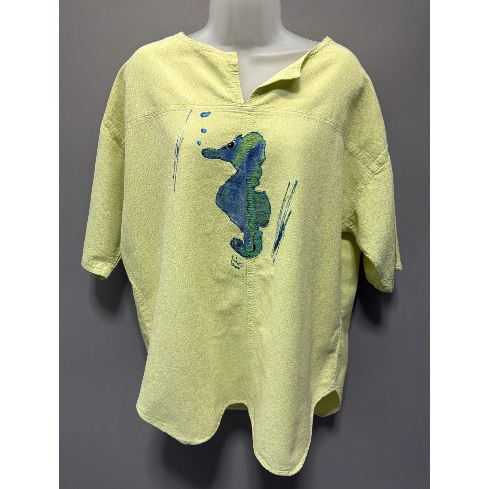 Cottonseed Casual Wear Hand Painted Top Womens M Artsy Seahorses Beachy Made USA