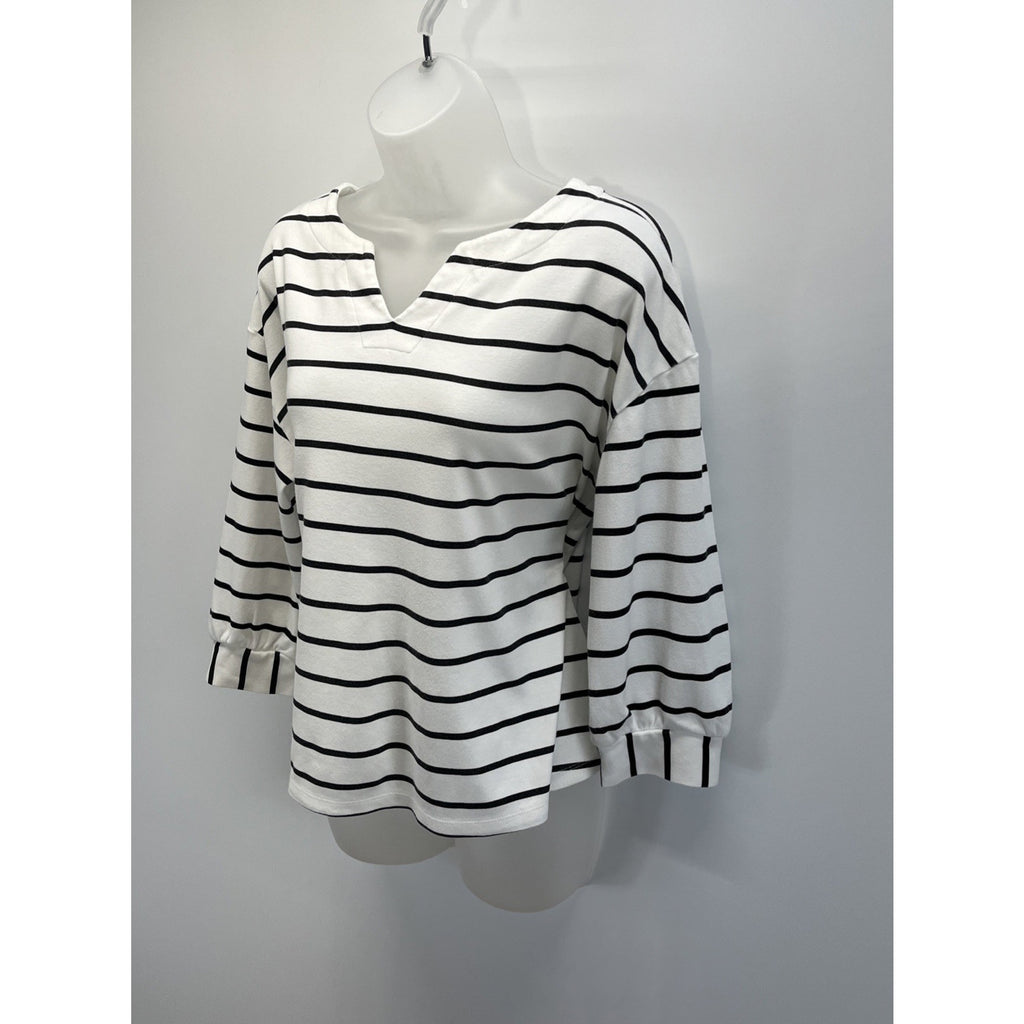 Croft & Barrow Womens White Black Striped Split Neck Cropped Blouse Top Size L