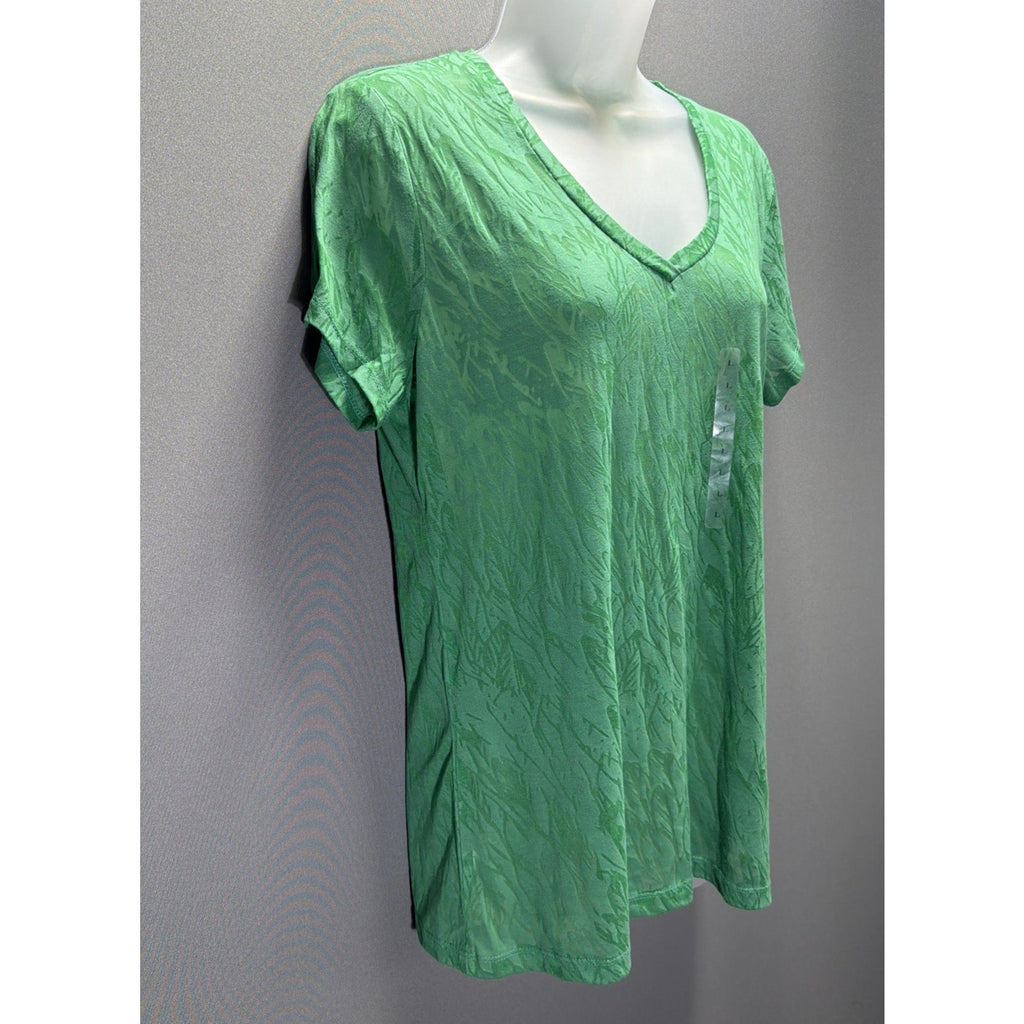 Loft Womens L Green Semi Sheer Velvet Feel Floral V Neck Short Sleeve Tee NWT