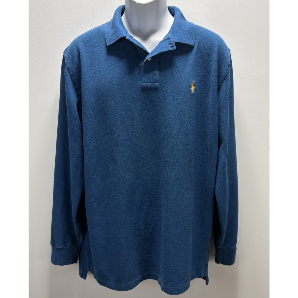 Vtg Polo Ralph Lauren Rugby Polo Shirt Mens Blue Jersey Knit Long Sleeve Large