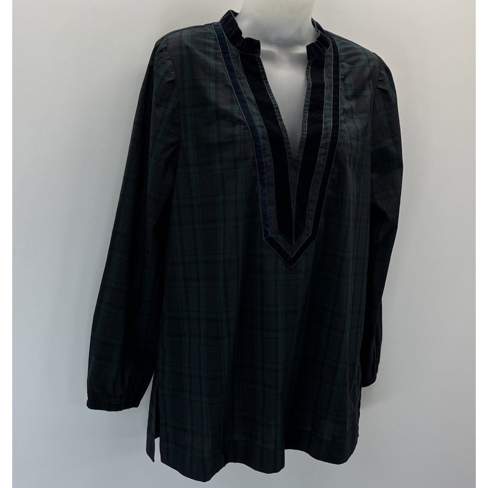 NWT! J.Crew Black Watch Plaid Tunic with Navy Velvet Piping-Size