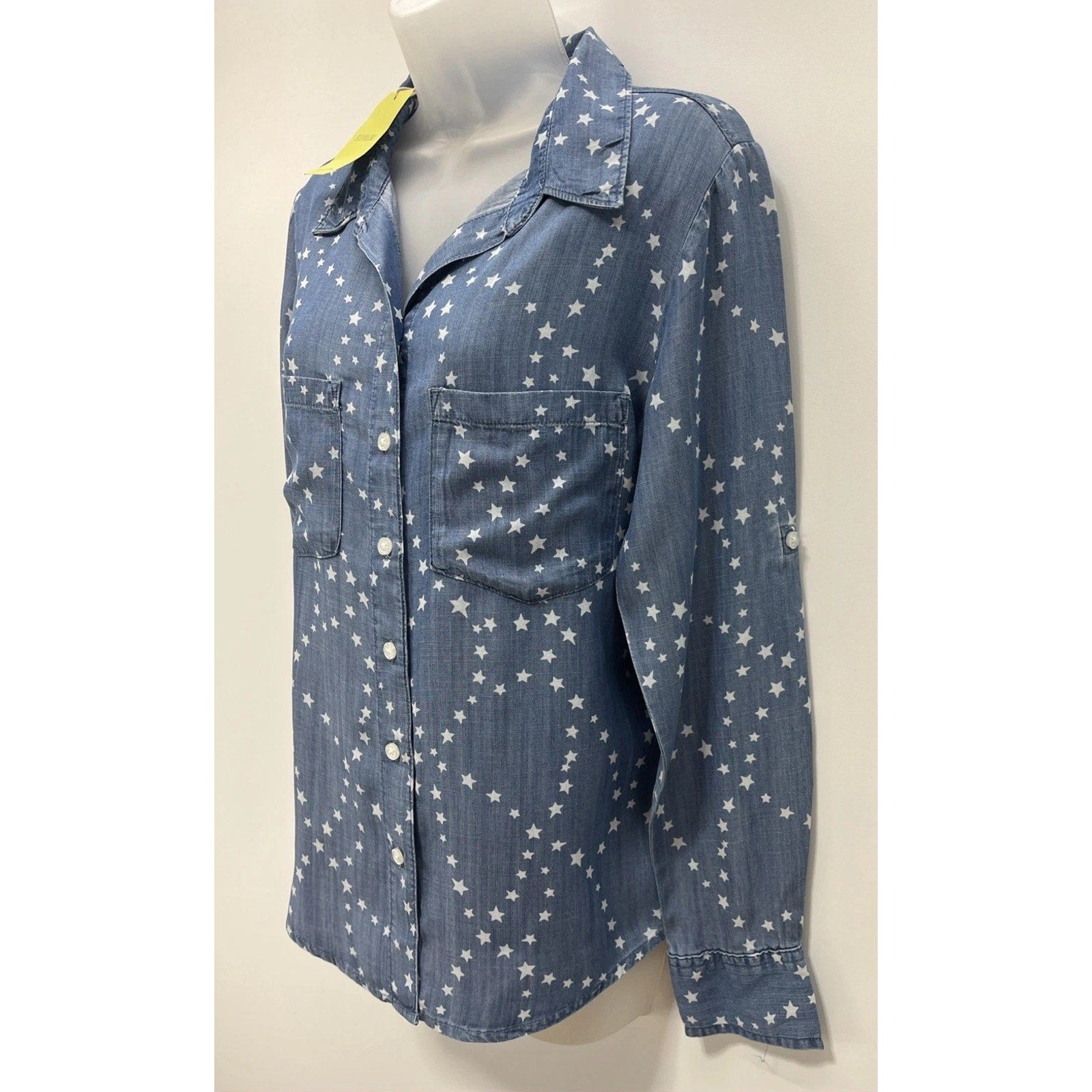 Eco Malibu Women’s Blue Star Print Long Sleeve Button Up Top Size Small