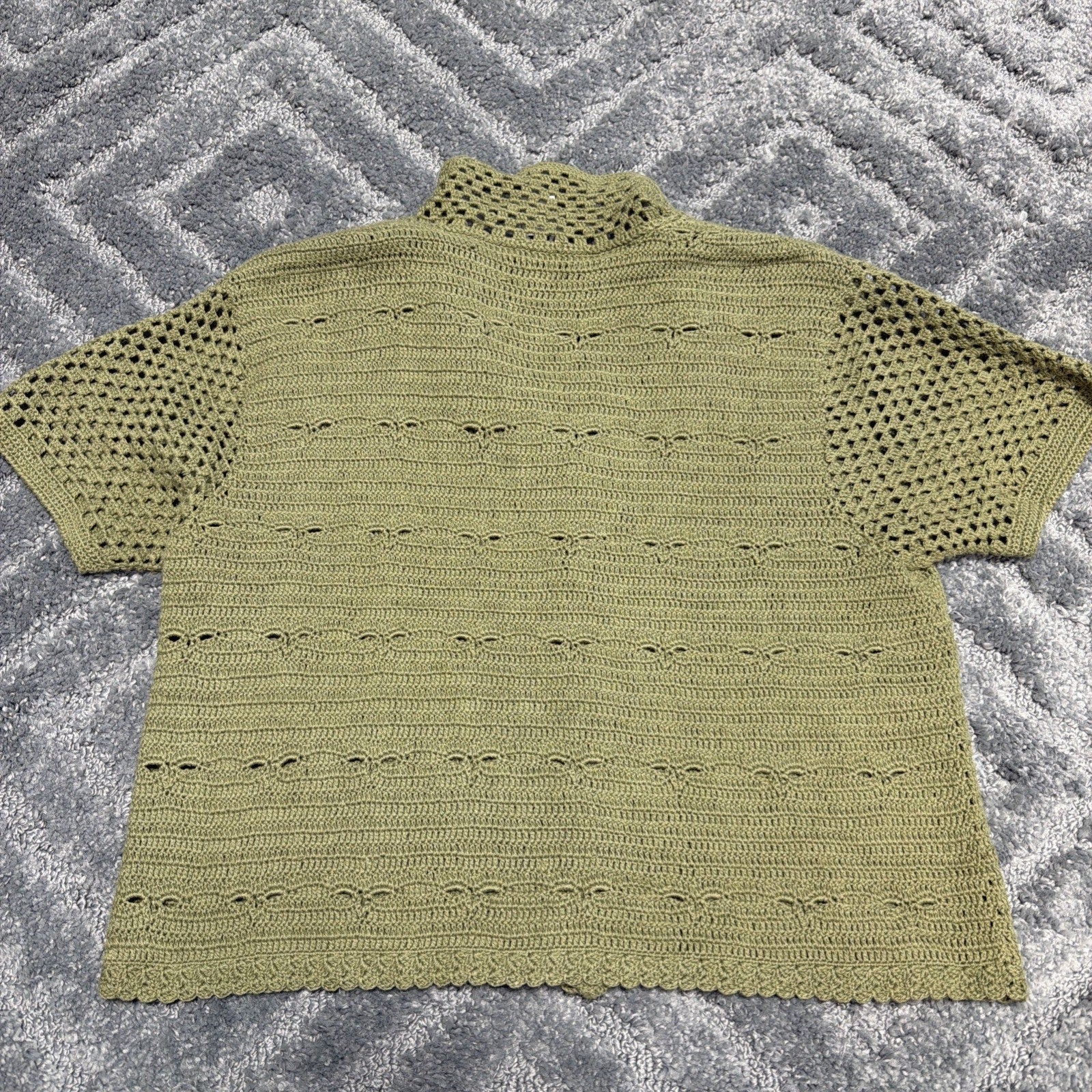 Vtg 90s Clio Green Ramie Cotton Crochet Button Cardigan Sweater Short Sleeve L