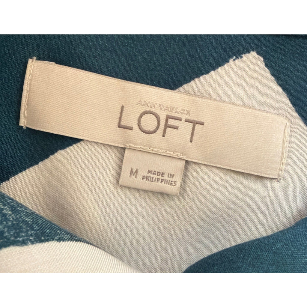 LOFT Womens Sz Medium Long Sleeve Blouse Button Front Geometric Green Off White