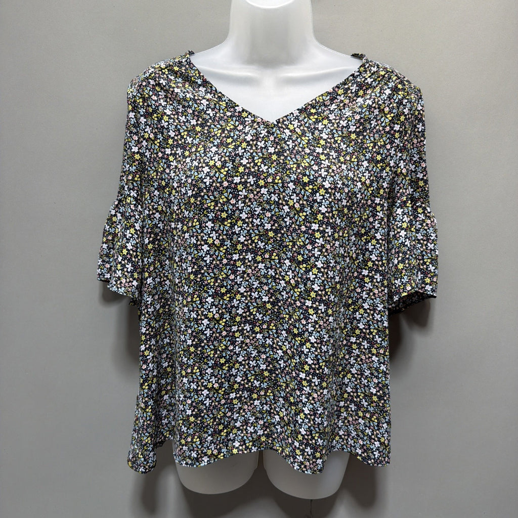 Womens M Loft Floral Print V-Neck Navy Blue Bell Sleeve Blouse Top