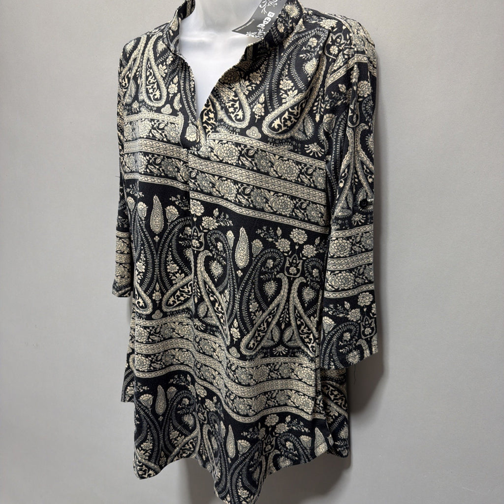 New BEPEI Womens Paisley All Over 3/4 Sleeve Tunic Blouse V Neck Size M Black