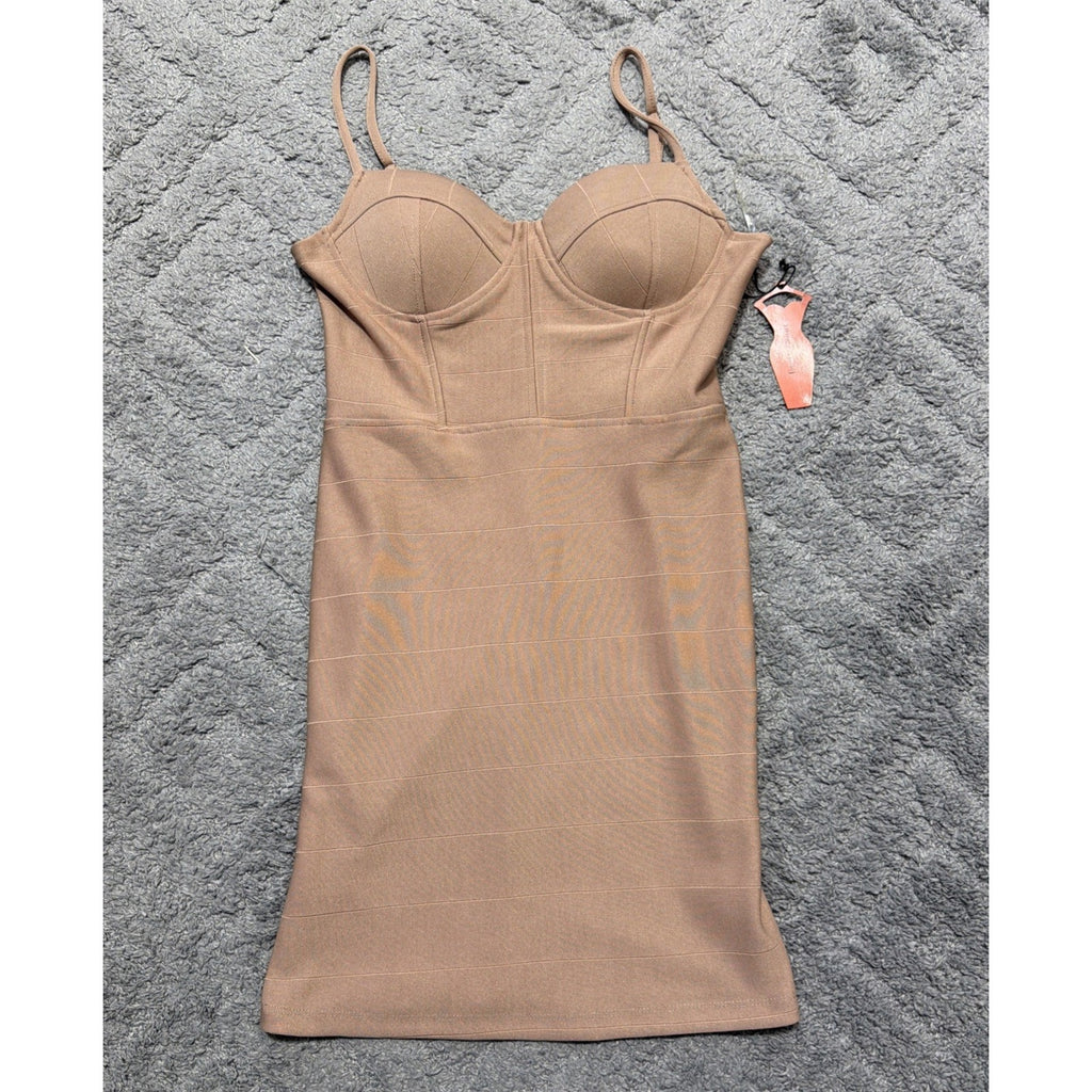 Haute Monde Woman’s Sz L Built In Bra Taupe Back Zip Bodycon Dress Stretch NWT