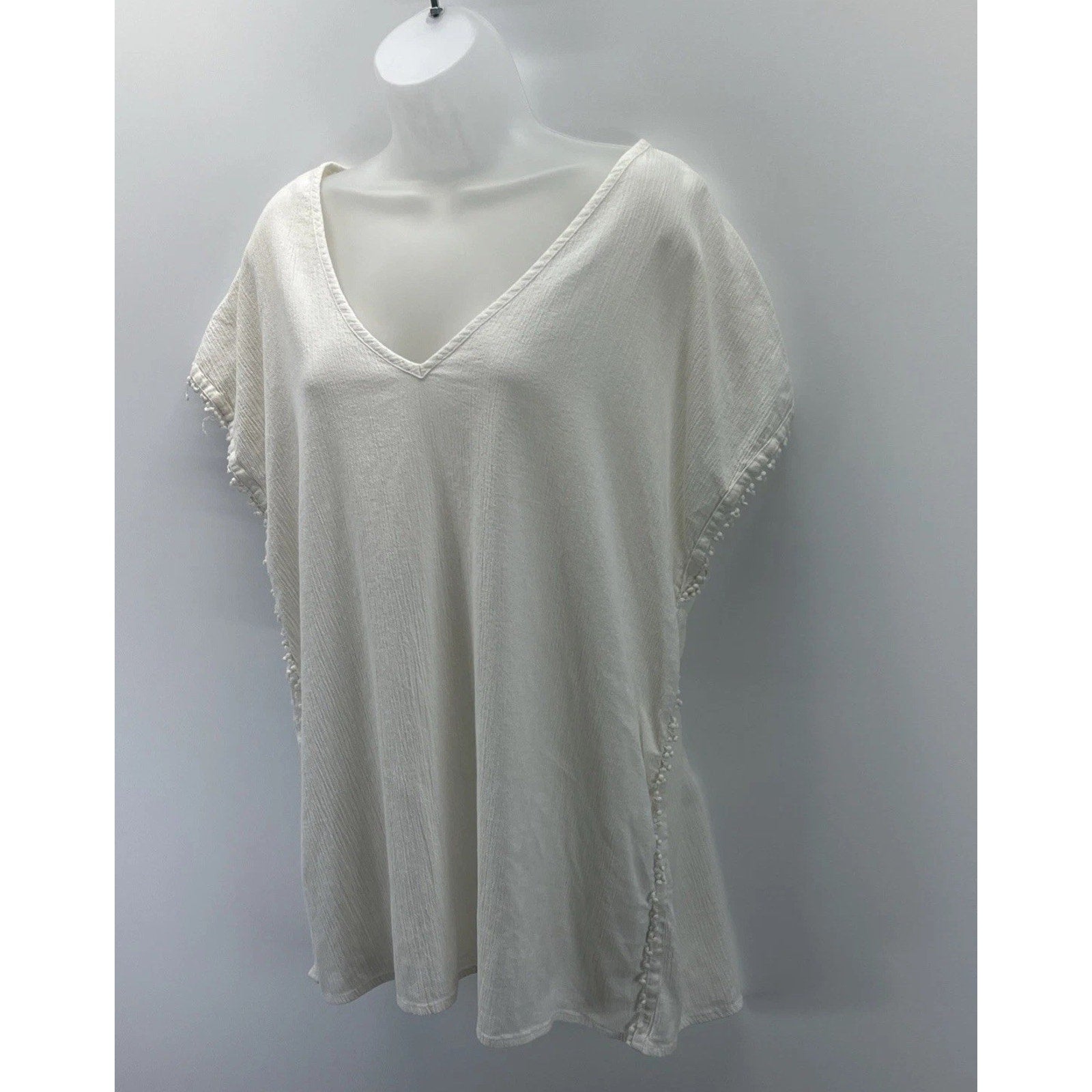 J. CREW White Beaded V-neck Cotton Shirt Blouse Top Style Women Sz S M