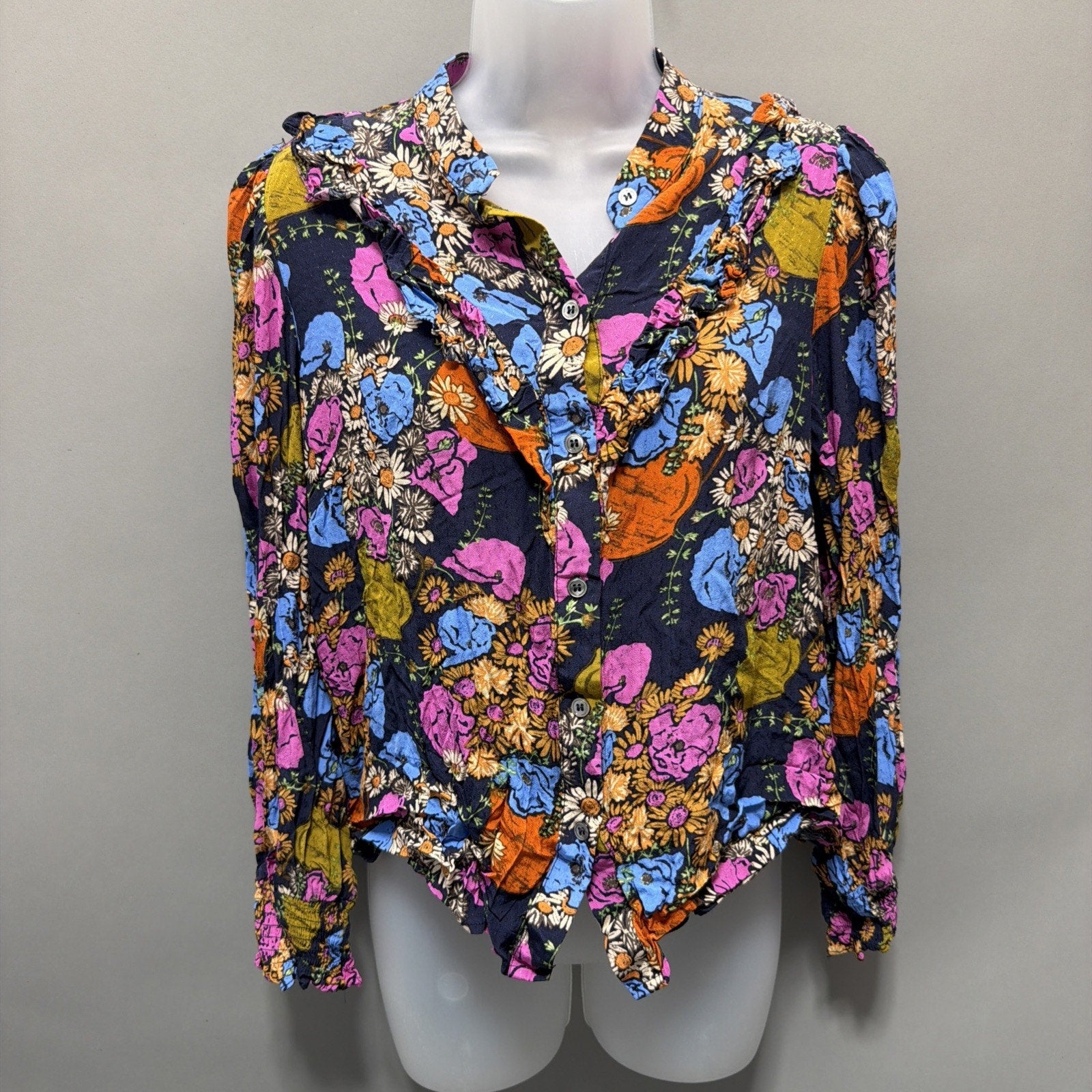 FRNCH Paris Blue Floral Size M Women's Top Button Up Long Sleeve Blouse