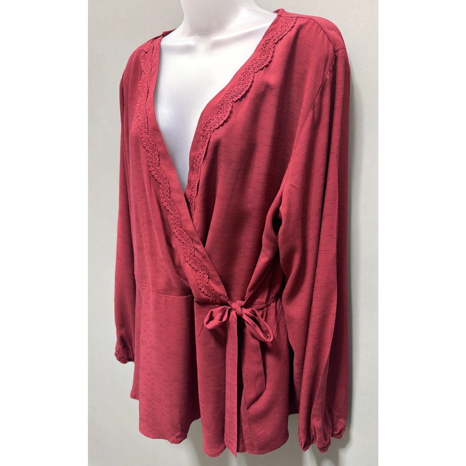 Maurice's Blouse XXL Embroidered Red Faux Wrap Tie V Neck Casual Career Top New