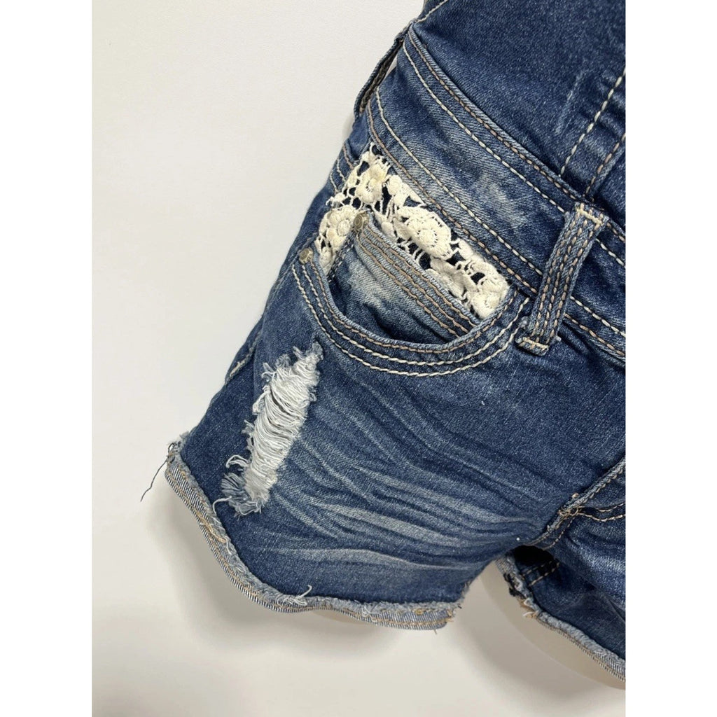 Almost Famous Denim Overall Shorts Shortall Distressed Sz. 1
