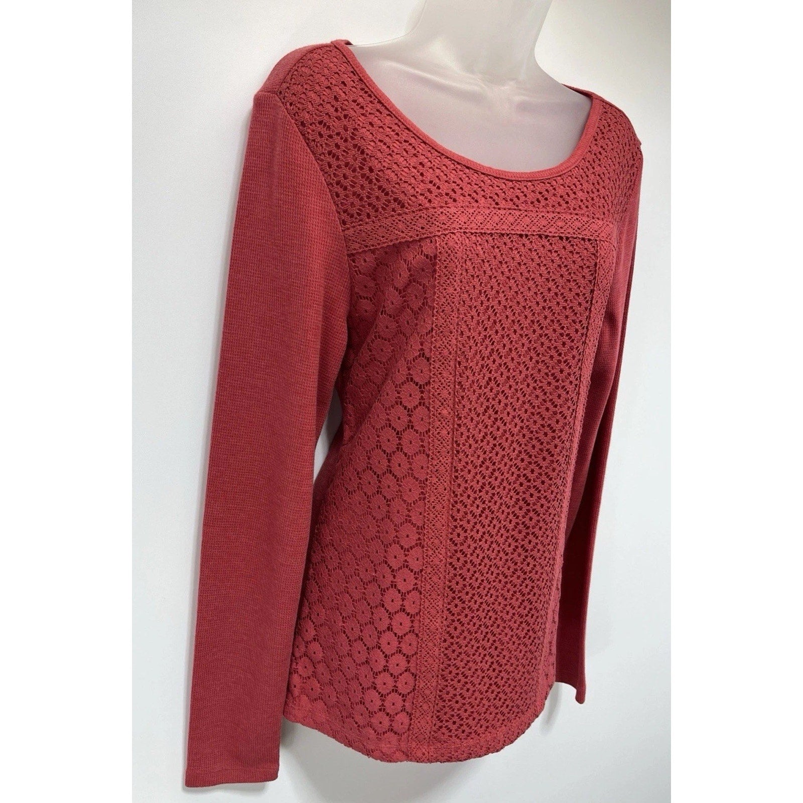 Lucky Brand Coral Lace Shirt Waffle Knit Long Sleeve Size Large