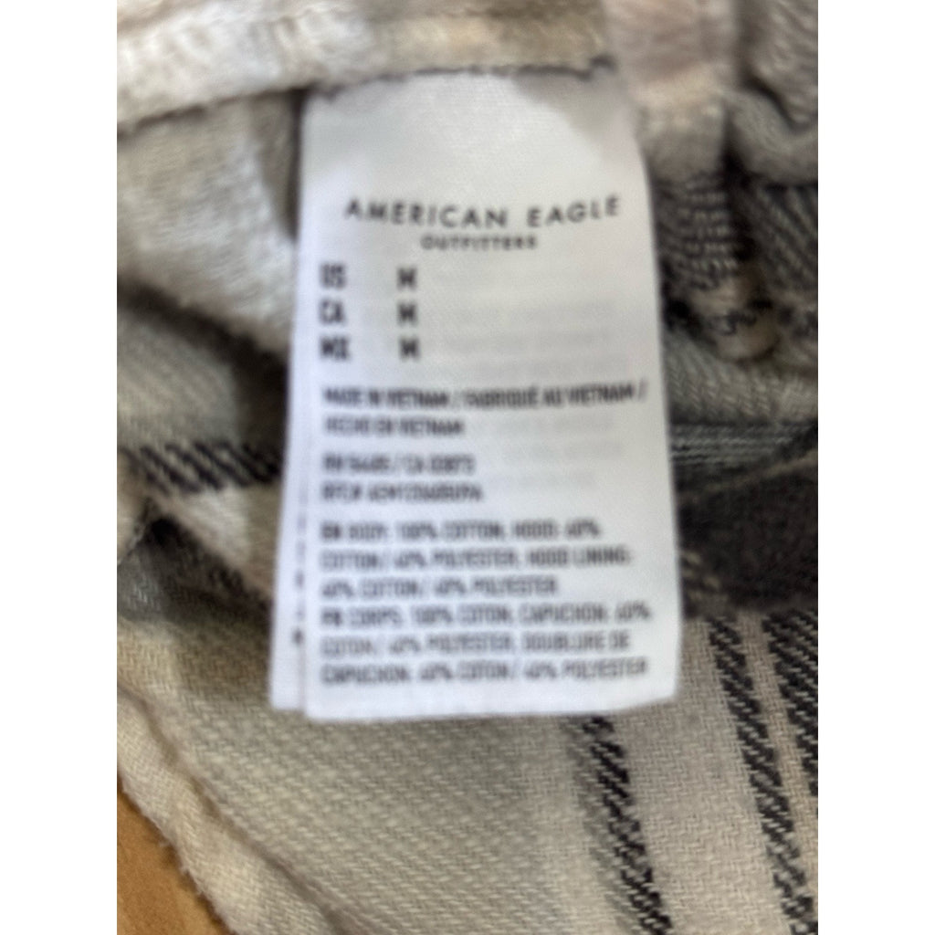 American Eagle Women's Hooded Plaid Button Up Shirt Cream Grey Medium