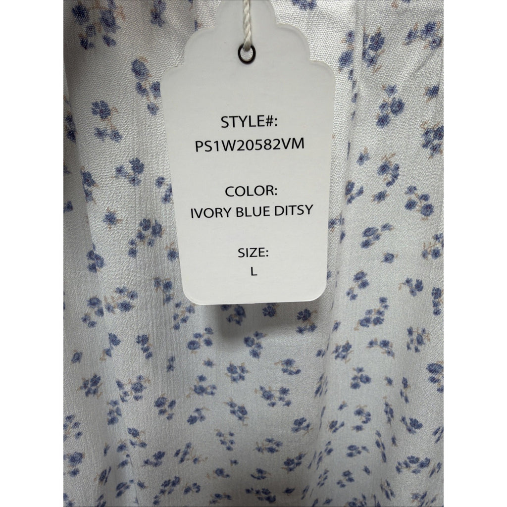 Pink Rose Floral White Bell Sleeve Blouse Women's Large Boho Casual New