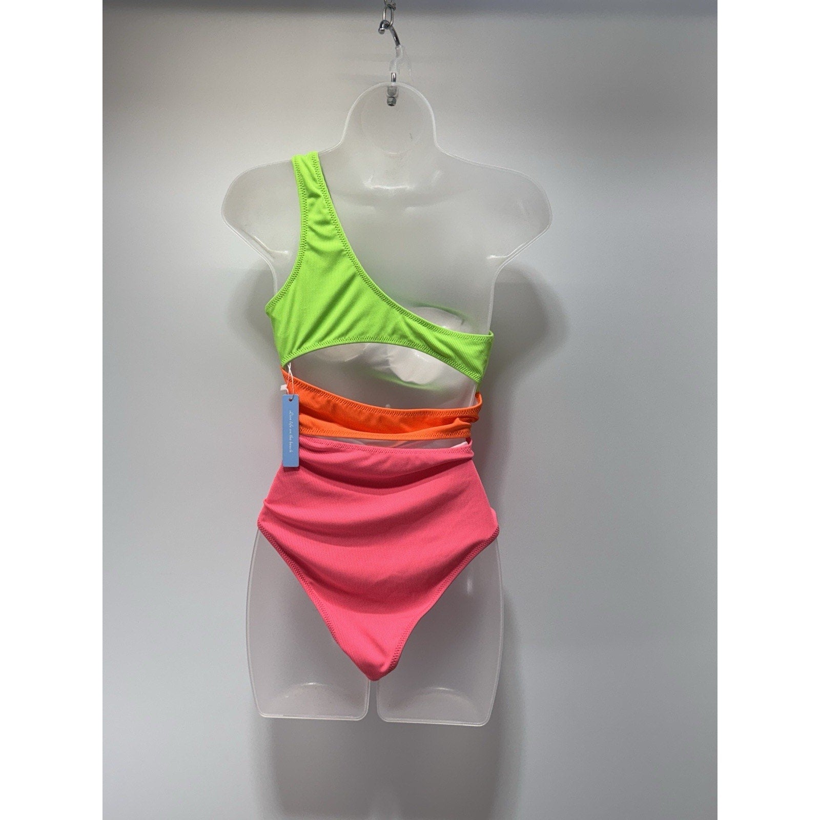 Live Life on the Beach One Piece Bright Green Pink Orange Swimsuit Women’s M NWT