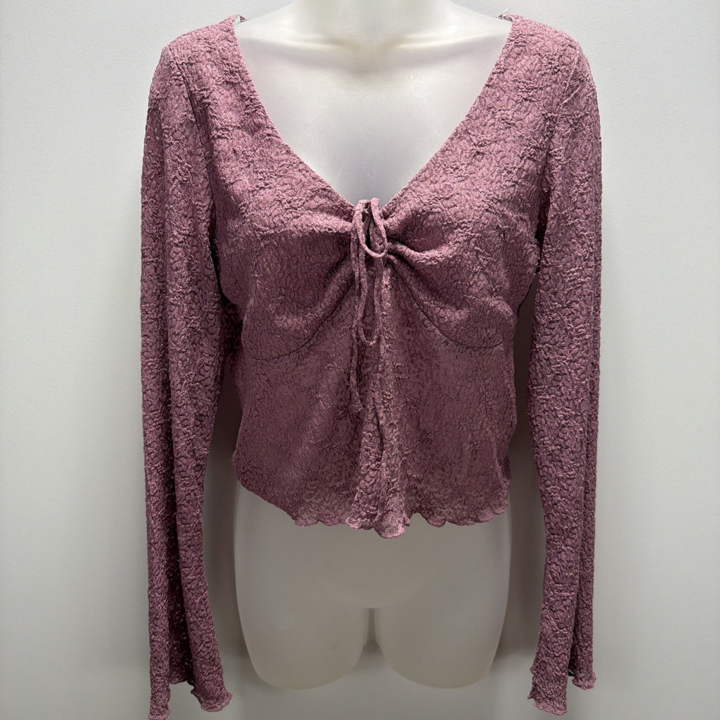NWT Just Polly New York Purple Mesh Bell Sleeve Ruched Blouse Sz XL