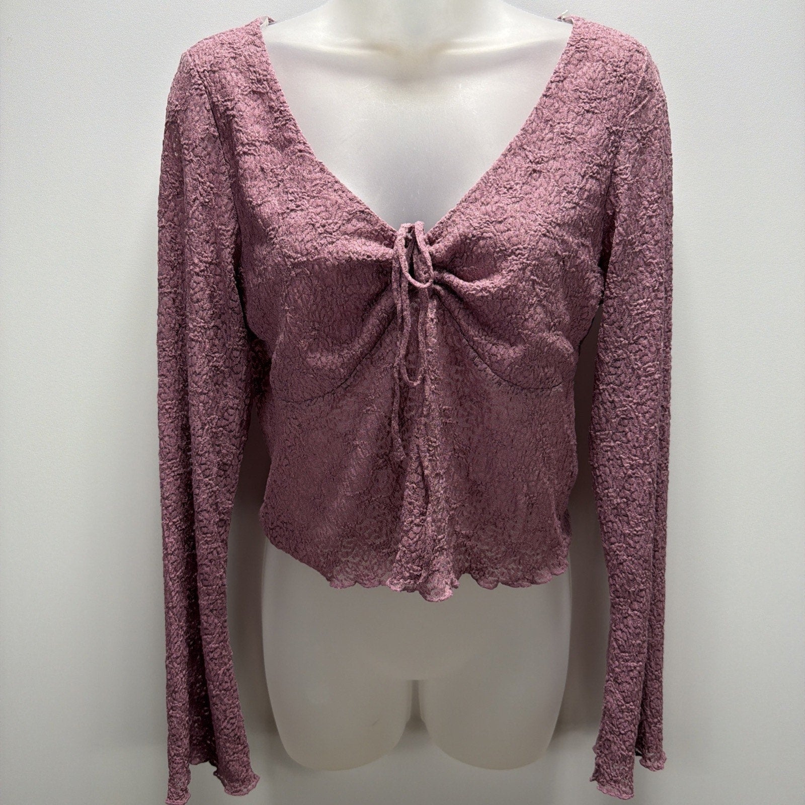NWT Just Polly New York Purple Mesh Bell Sleeve Ruched Blouse Sz XL