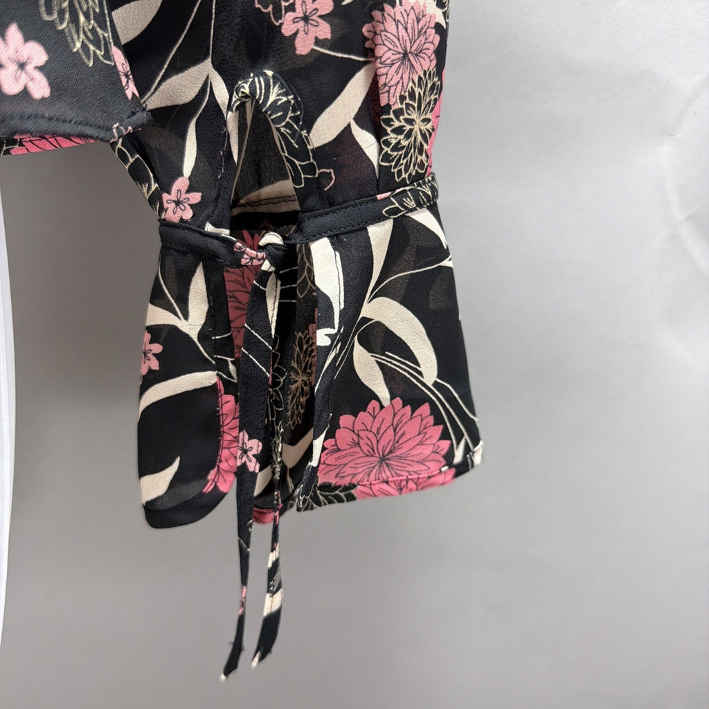 Ann Taylor LOFT Black Pink Floral Print Bell Sleeve Lined Blouse Size XS