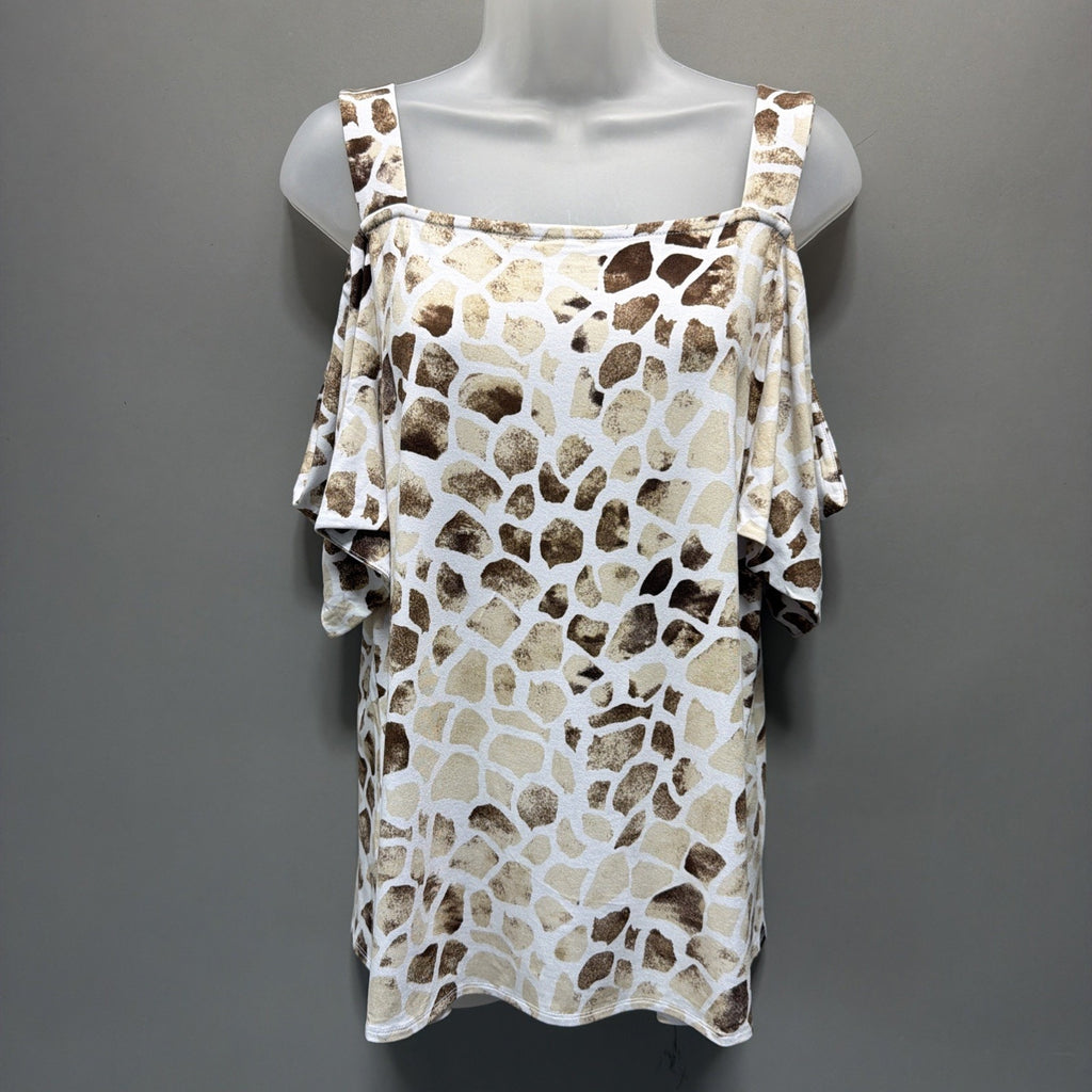 JM Collection Blouse Womens size M Tan White Giraffe Print Cold Shoulder New