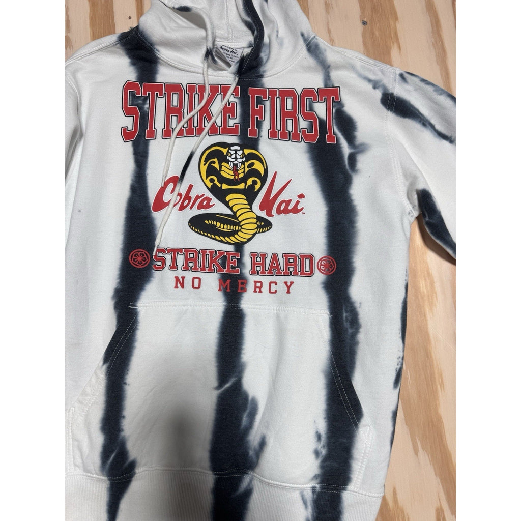Cobra Kai Strike First Strike Hard No Mercy Hoodie Tie Dye White Black Small