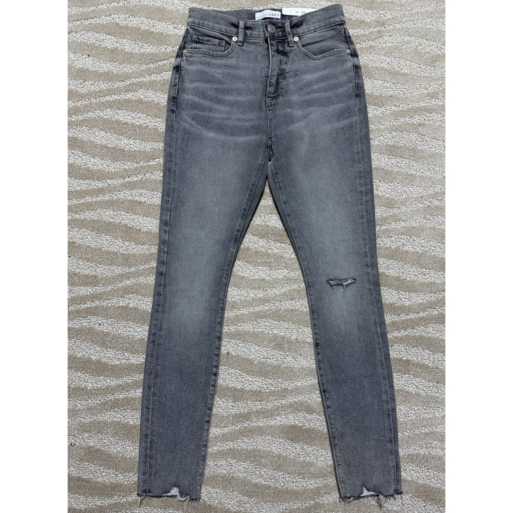 New LOFT High Waist Skinny Ankle Raw Hem Jeans Grey Stretch Sz O Petite 25x26