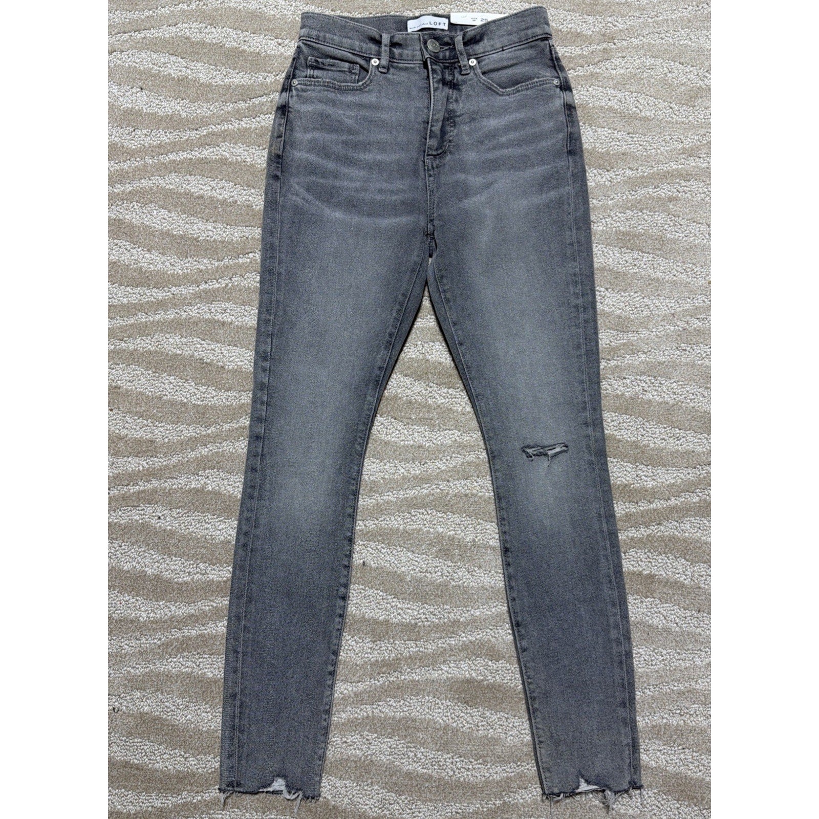 New LOFT High Waist Skinny Ankle Raw Hem Jeans Grey Stretch Sz O Petite 25x26