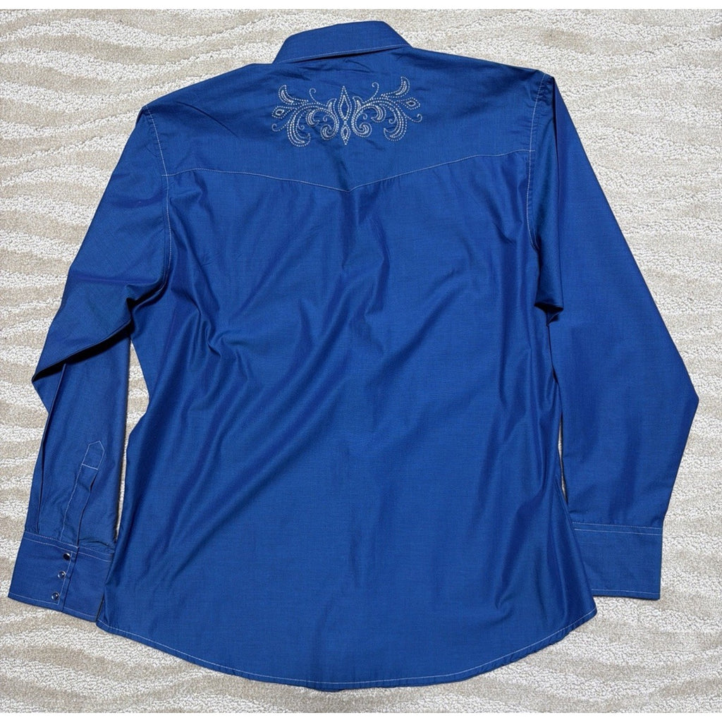 Wrangler Mens XL Blue Western Snap Shirt Embroidered Cowboy Rodeo Pearl Snaps