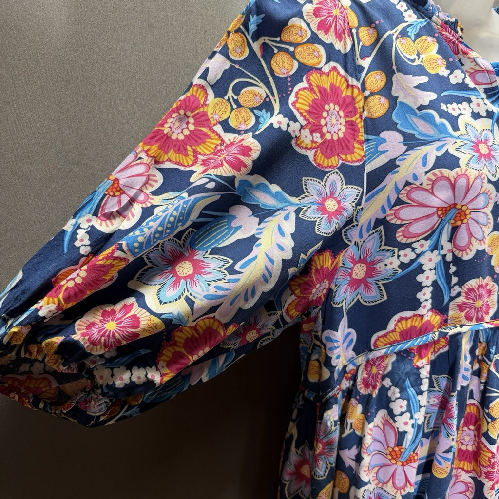 Umgee USA Women Floral Boho Babydoll Tunic Top Navy Tie Neck Long Sleeve