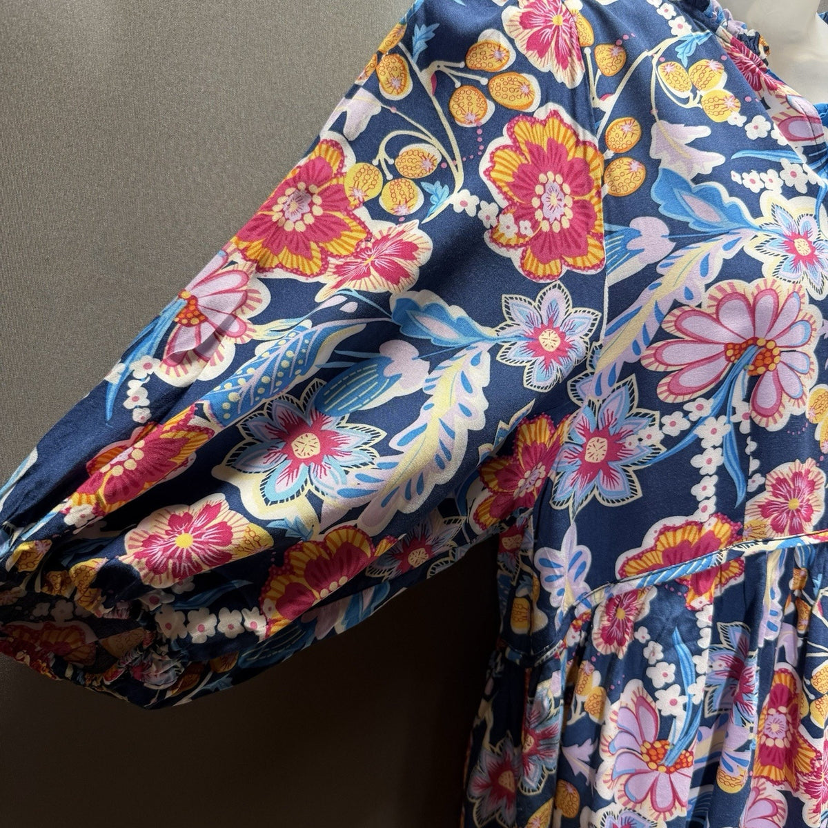 Umgee USA Women Floral Boho Babydoll Tunic Top Navy Tie Neck Long Sleeve