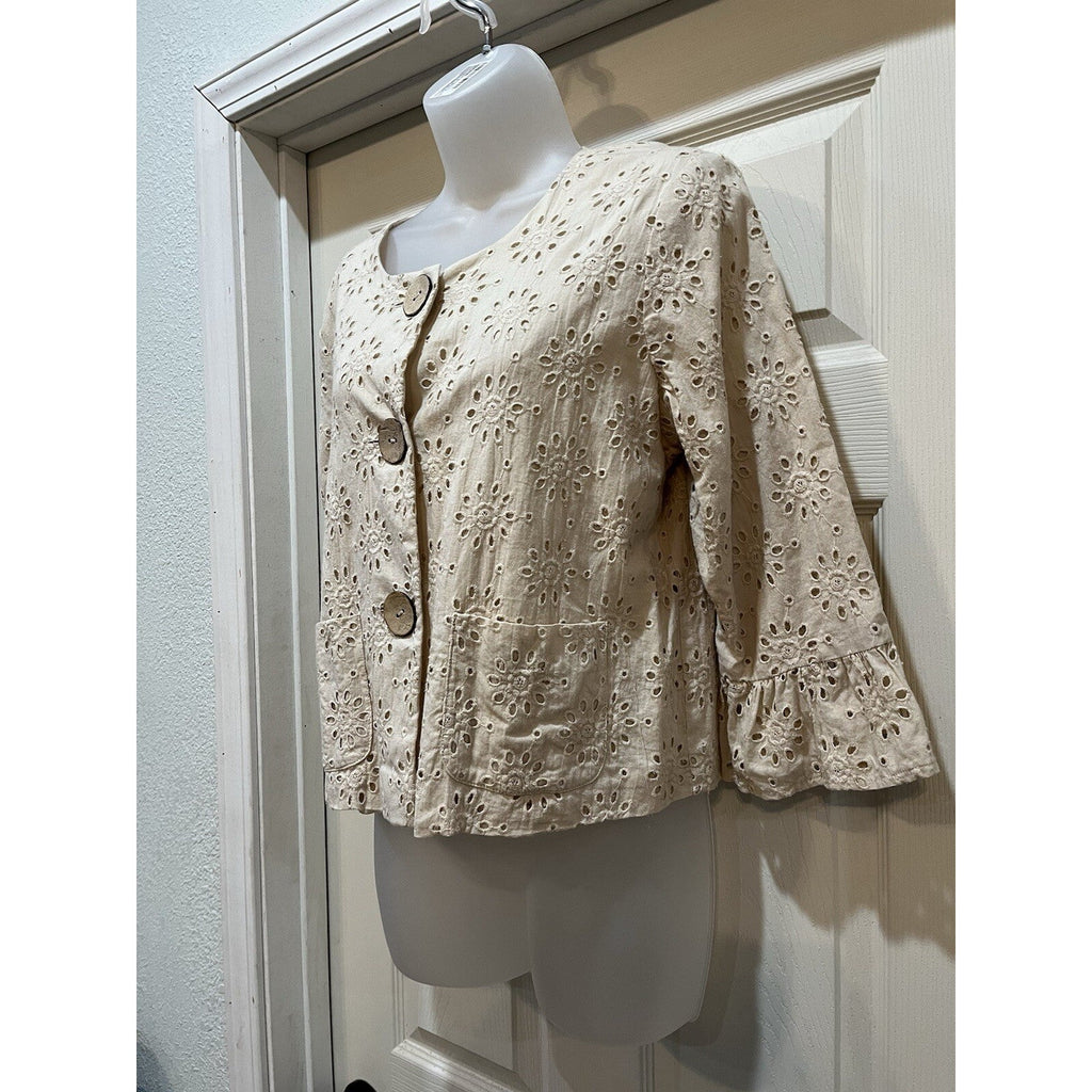 Ruby Rd. Women's 8, 100 % Cotton Lightweight Button Front Beige Ilet Blouse Boho