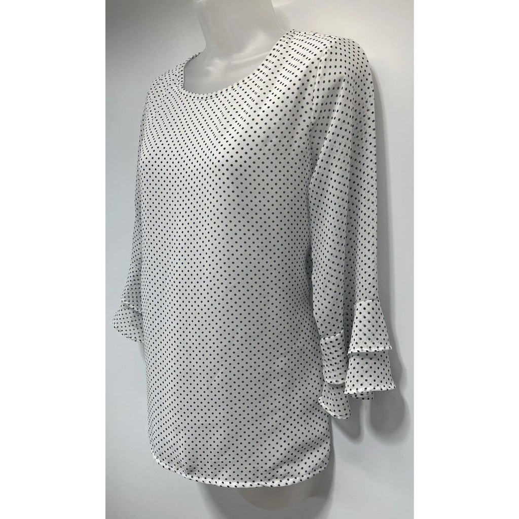 Valerie Stevens Womens White/Blue Polka Dots Lined Blouse Top Size S