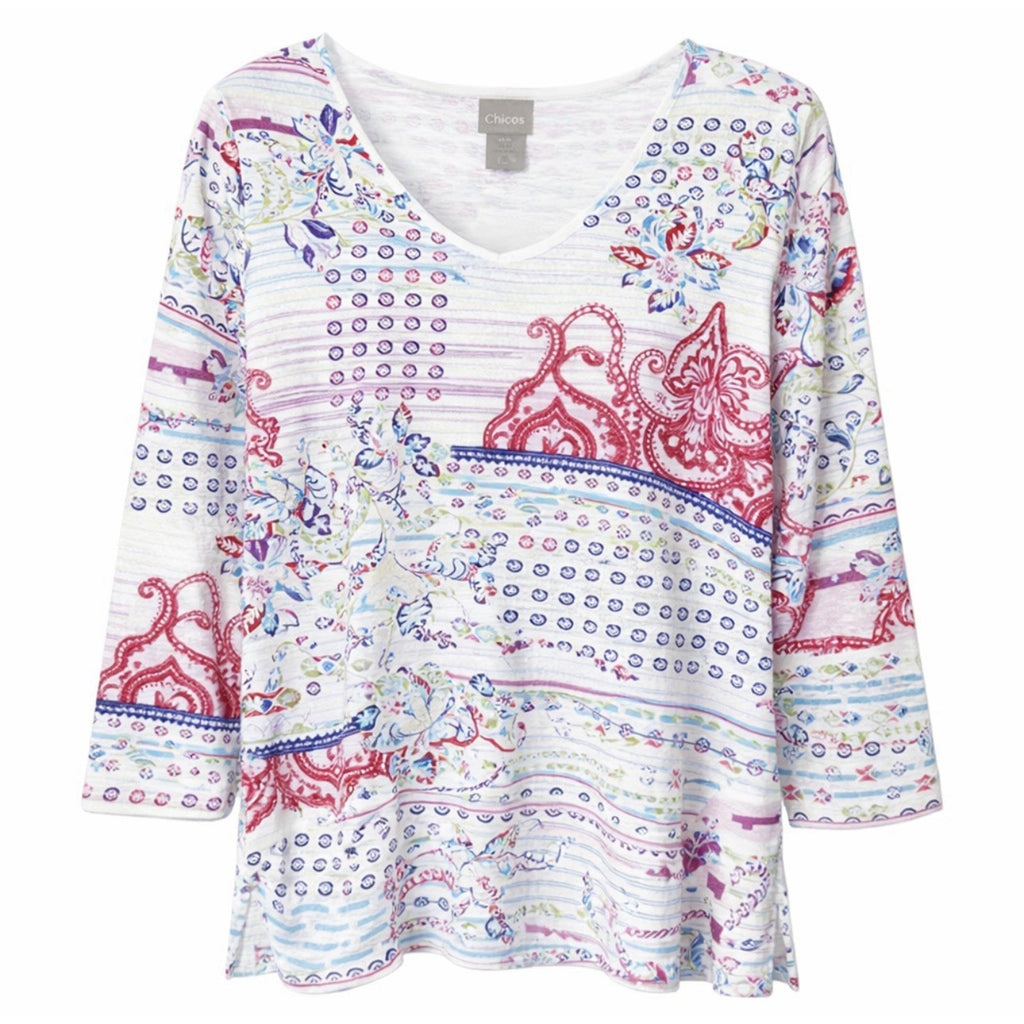 CHICO'S Sz 1 8/10 Medium 3/4 Sleeve Top Shirt Blouse V-Neck Colorful Artsy