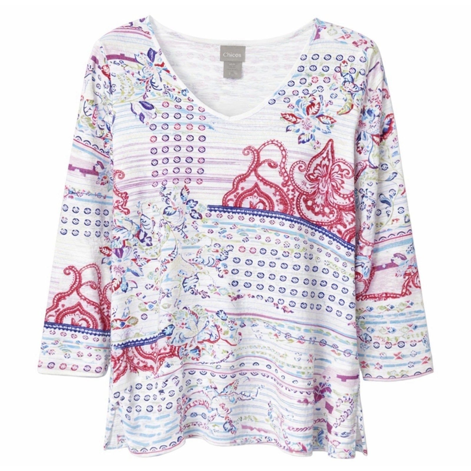 CHICO'S Sz 1 8/10 Medium 3/4 Sleeve Top Shirt Blouse V-Neck Colorful Artsy