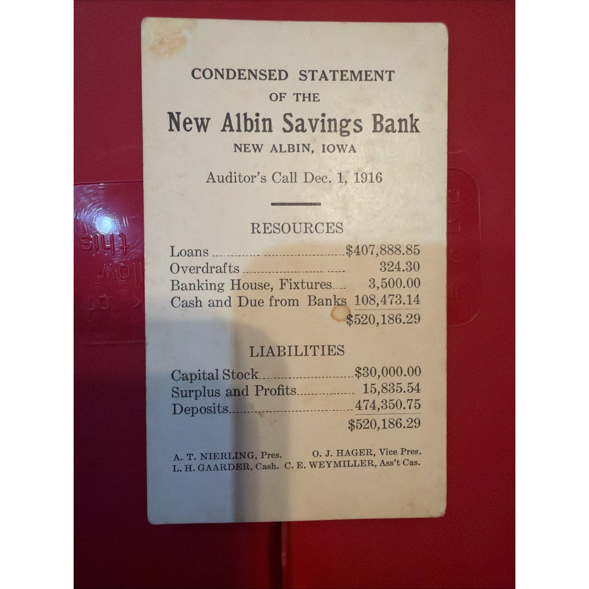 1916 New Albin Savings Bank Iowa Condensed Statement Card Banking Ephemera