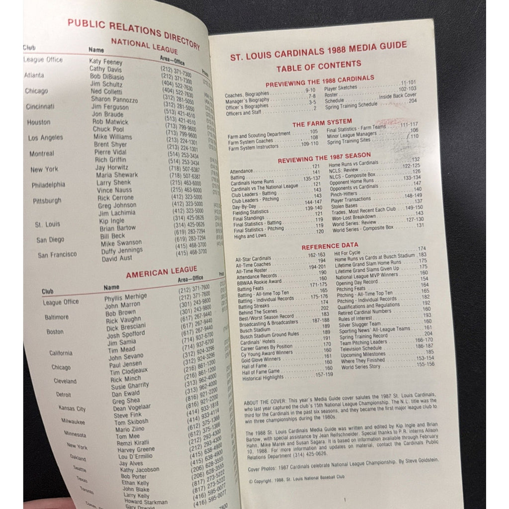 St. Louis Cardinals 1987 NATIONAL LEAGUE CHAMPIONS '88 MEDIA GUIDE BOOK Excellen