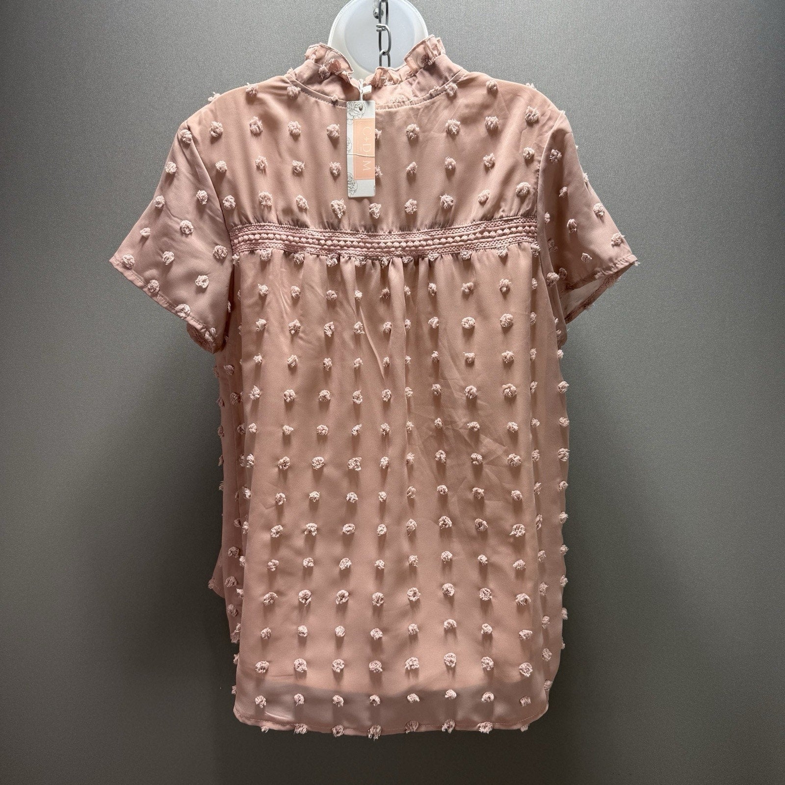 NWT C+D+M Collection Blush Pink Swiss Dot Blouse Women’s L Ruffle Mock Neck Boho