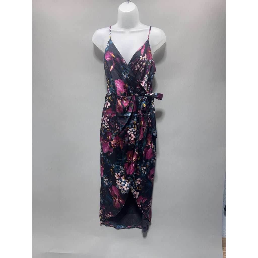 NWT Express Floral Wrap Midi Dress Small Satin Tie Waist Spaghetti Strap Tulip