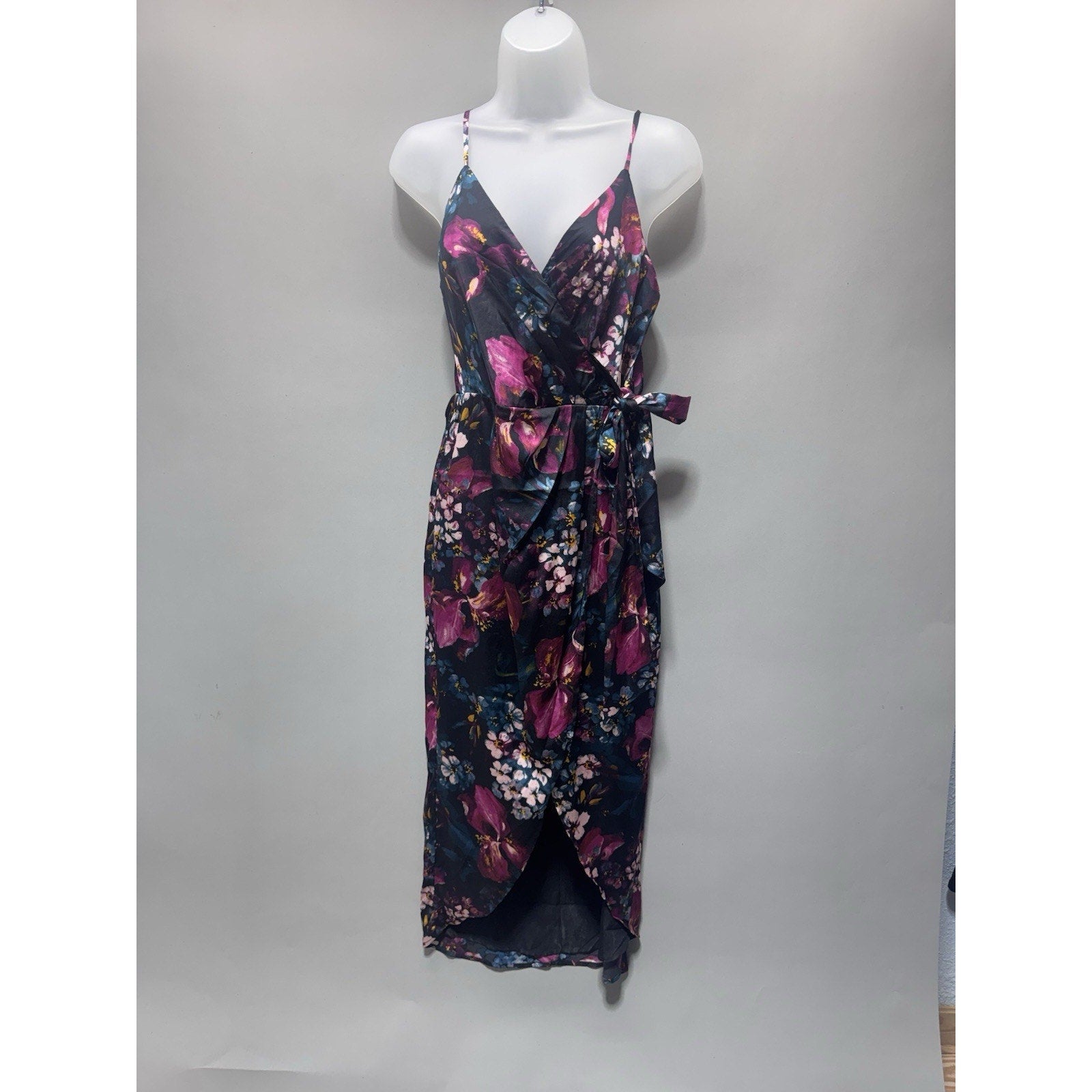 NWT Express Floral Wrap Midi Dress Small Satin Tie Waist Spaghetti Strap Tulip