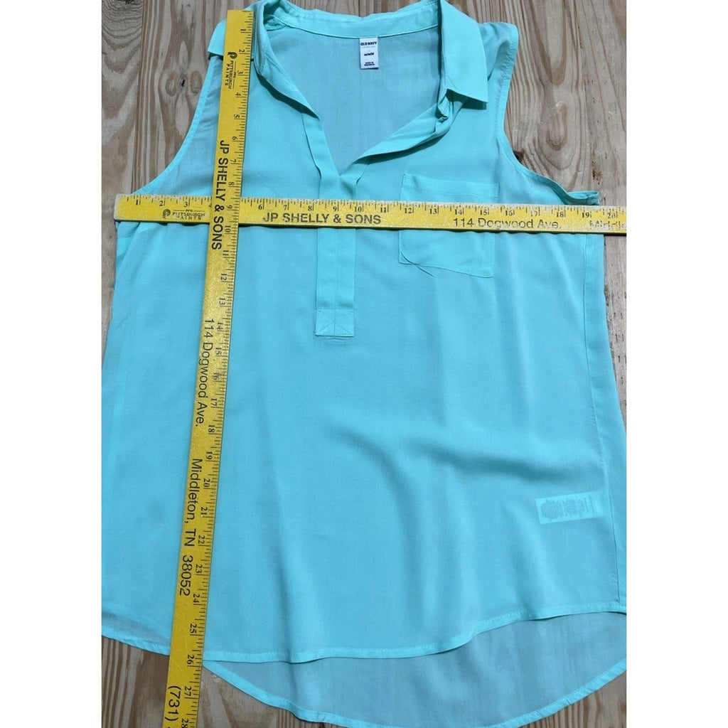 OLD NAVY SZ M 100% Rayon Aqua Bath Green Collared V-Neck Tank Top Blouse Shirt