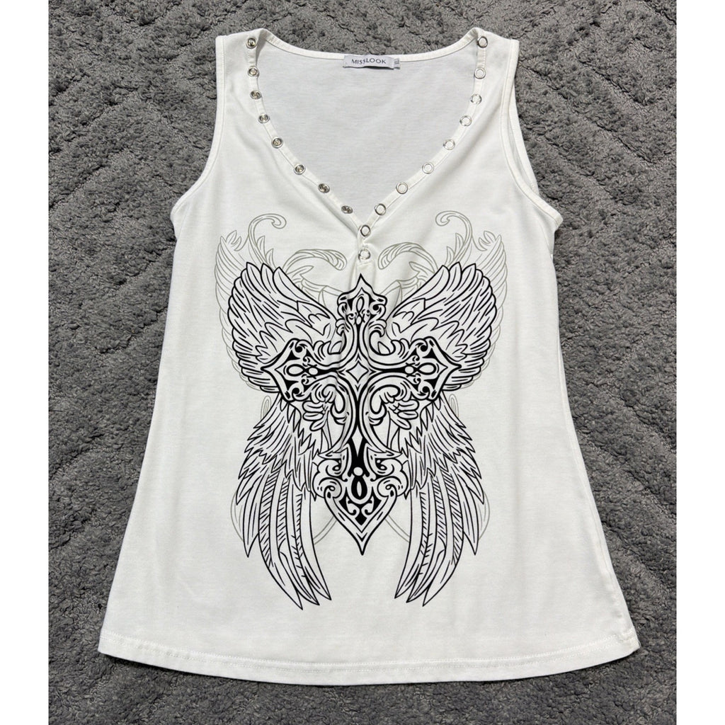 Misslook Tank Top Sleeveless Shirt Womens Size XL White Biker Goth Y2K