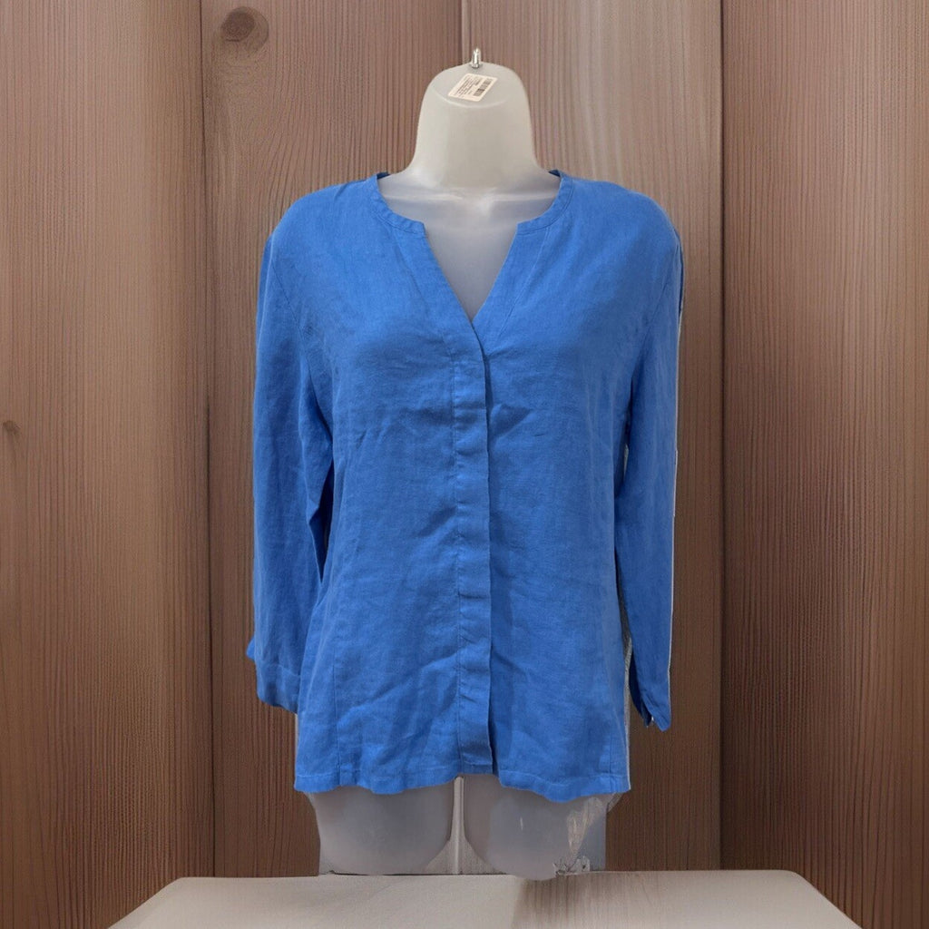 Talbots Sz 12 Irish Linen Blue Long Sleeve V Neck Button Down Blouse