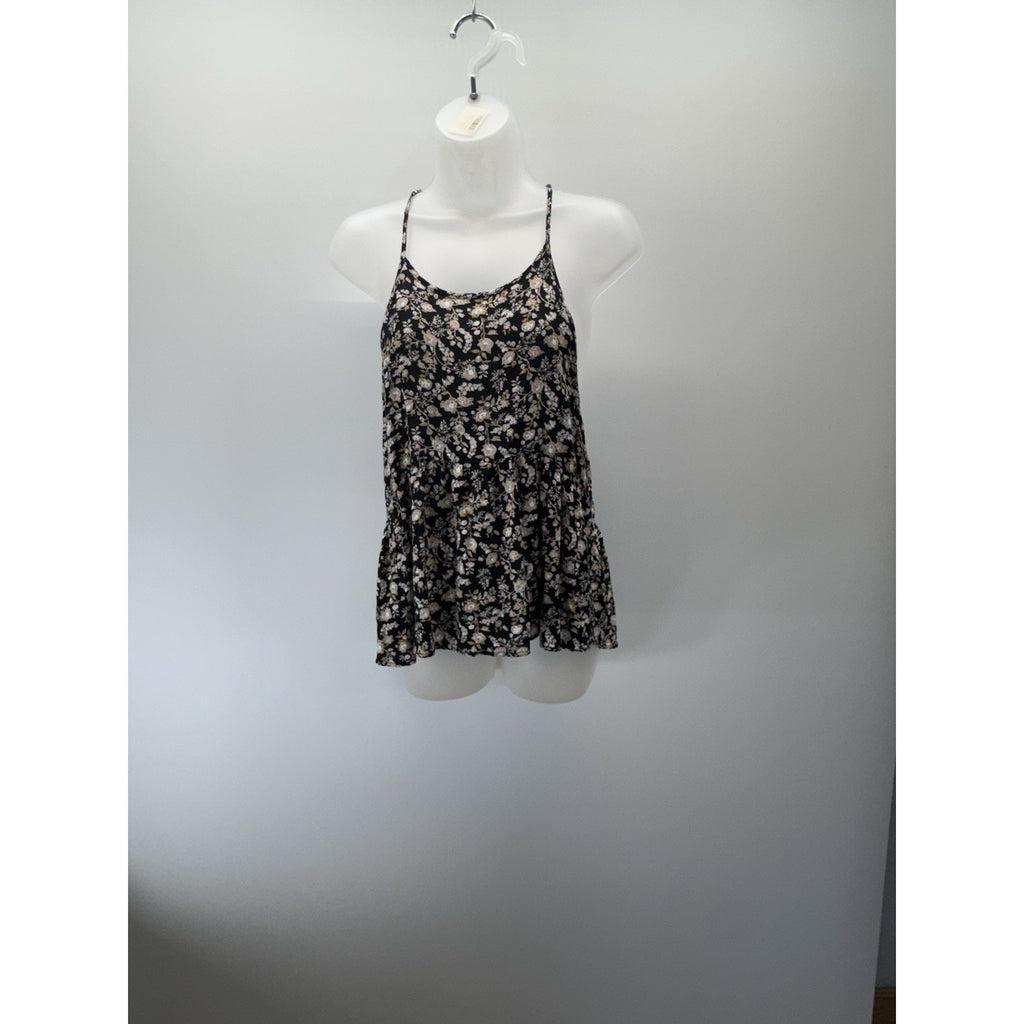 American Eagle Halter Tank Top Black Floral Peplum Gold Sleeveless Women’s Med