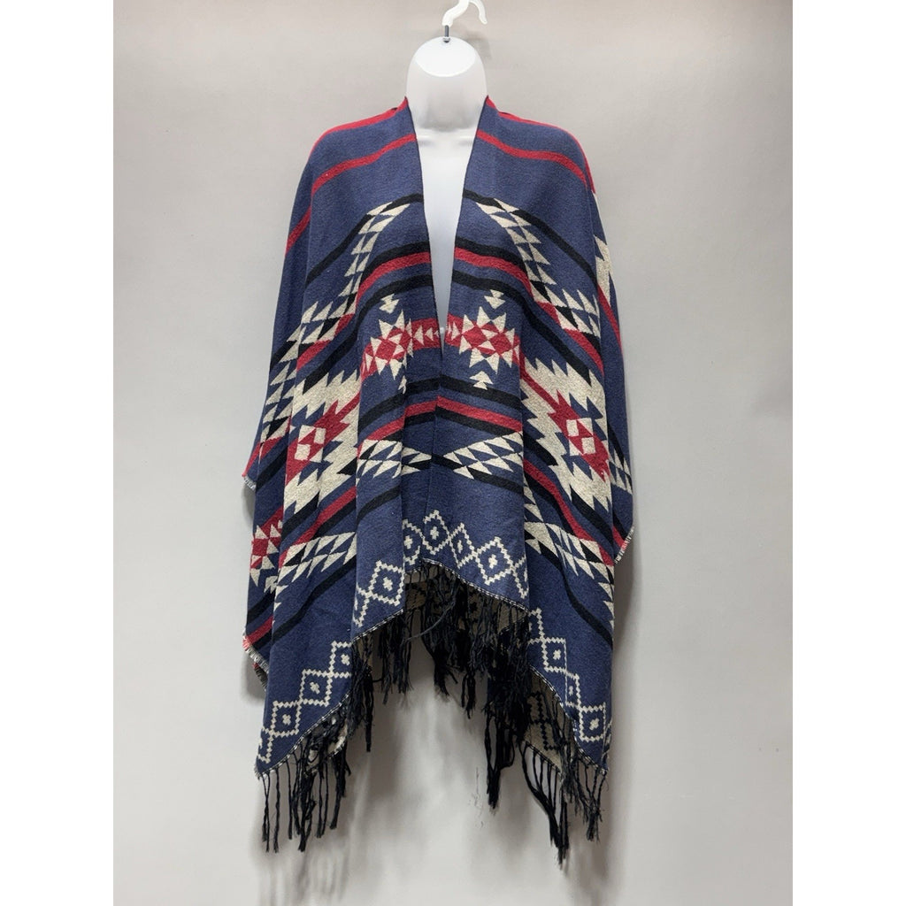 Aztec Southwestern Shawl Scarf Fringe Blue Red Geometric Poncho Cape Open Front