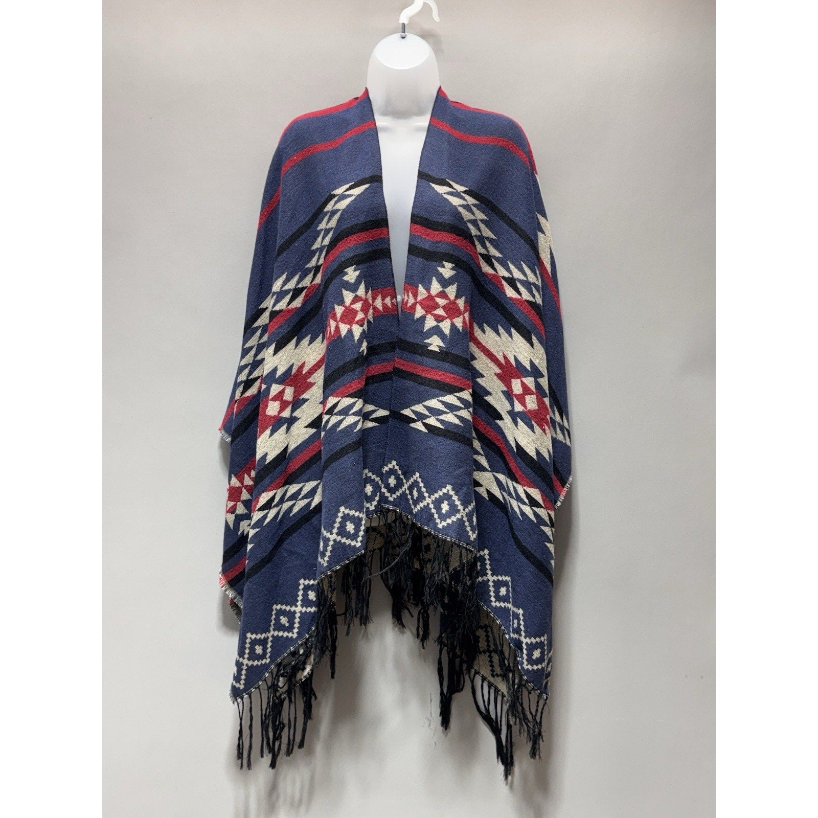 Aztec Southwestern Shawl Scarf Fringe Blue Red Geometric Poncho Cape Open Front